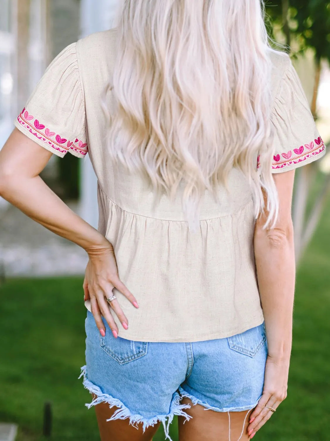 Floral Embroidered Short Sleeve Notched Blouse