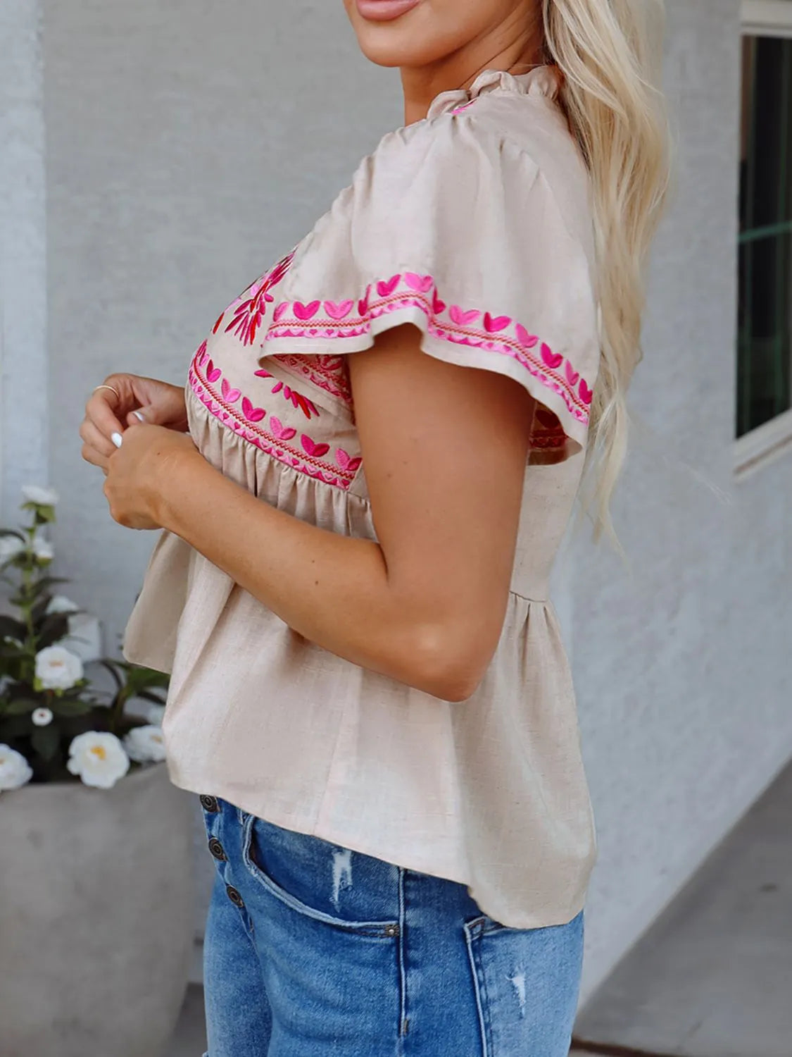 Floral Embroidered Short Sleeve Notched Blouse