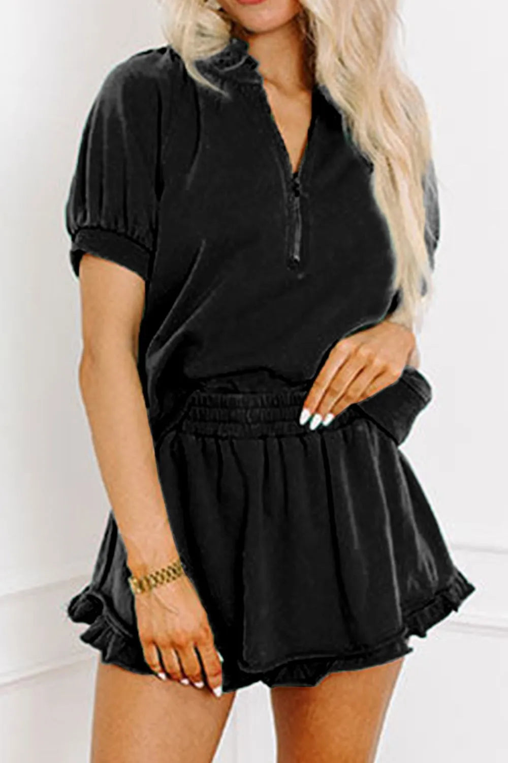 Frill Zip Front Puff Sleeve Top and Skort Set