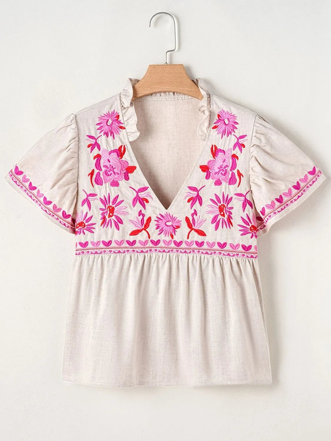 Floral Embroidered Short Sleeve Notched Blouse