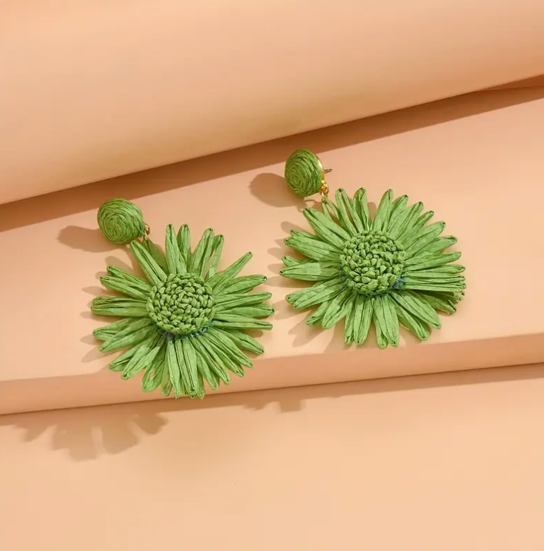 Green Raffia Flower Earrings