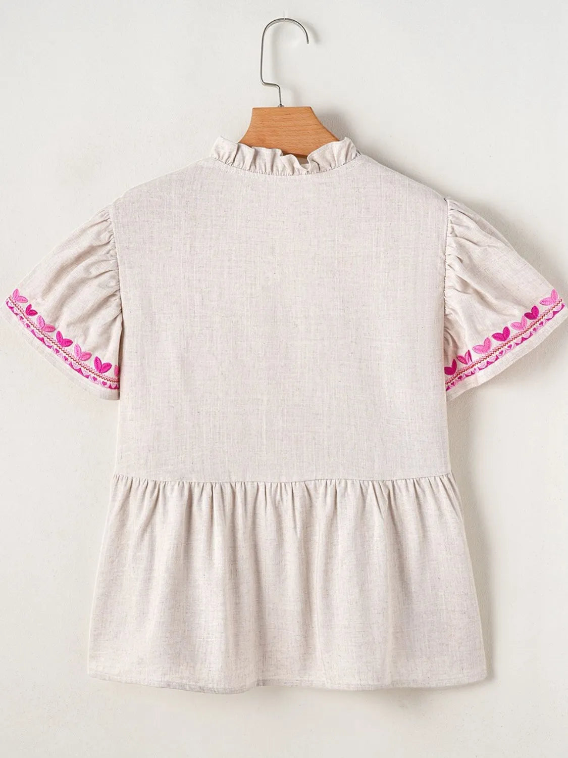 Floral Embroidered Short Sleeve Notched Blouse