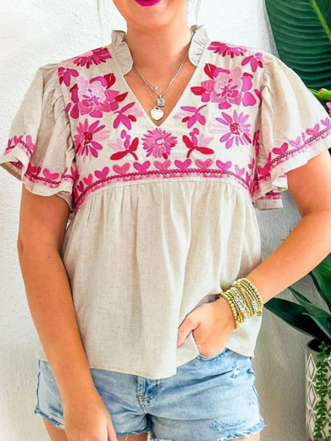 Floral Embroidered Short Sleeve Notched Blouse