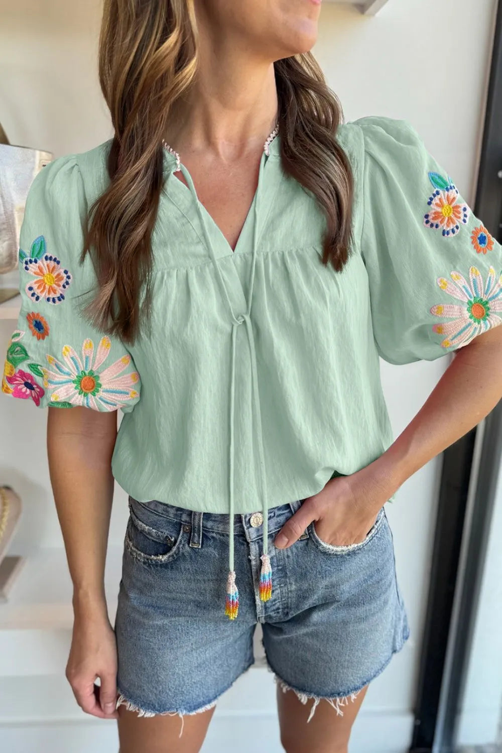 Embroidered Tie Neck Short Sleeve Blouse