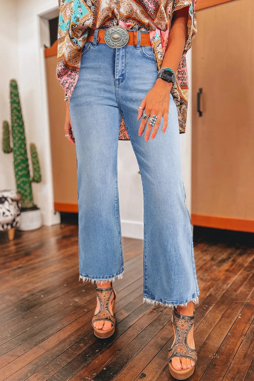 Mineral Wash Raw Hem High Waist Flared Jeans
