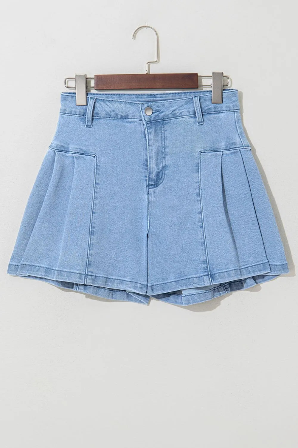 Pleated Patchwork Panel Lightweight Denim Shorts
