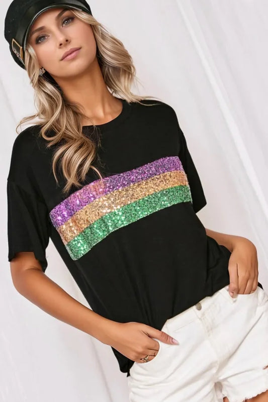 Sequin Stripes Crew Neck T Shirt