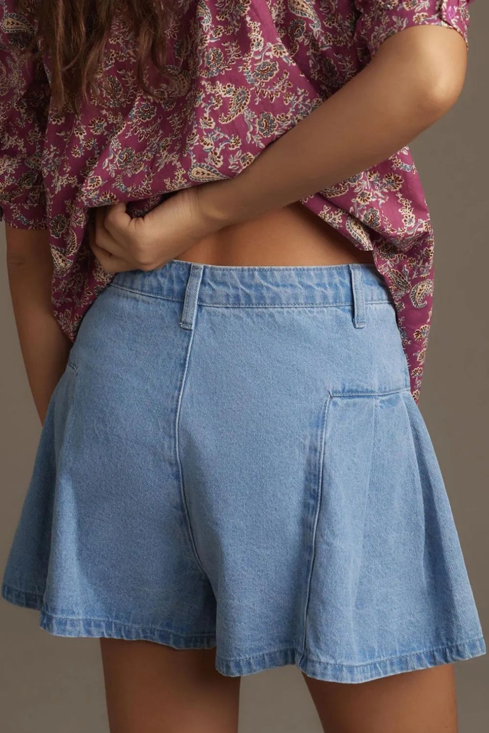 Pleated Patchwork Panel Lightweight Denim Shorts