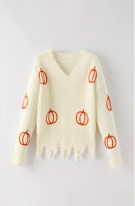 Pumpkin Patch Knit Sweater - Distressed Hem