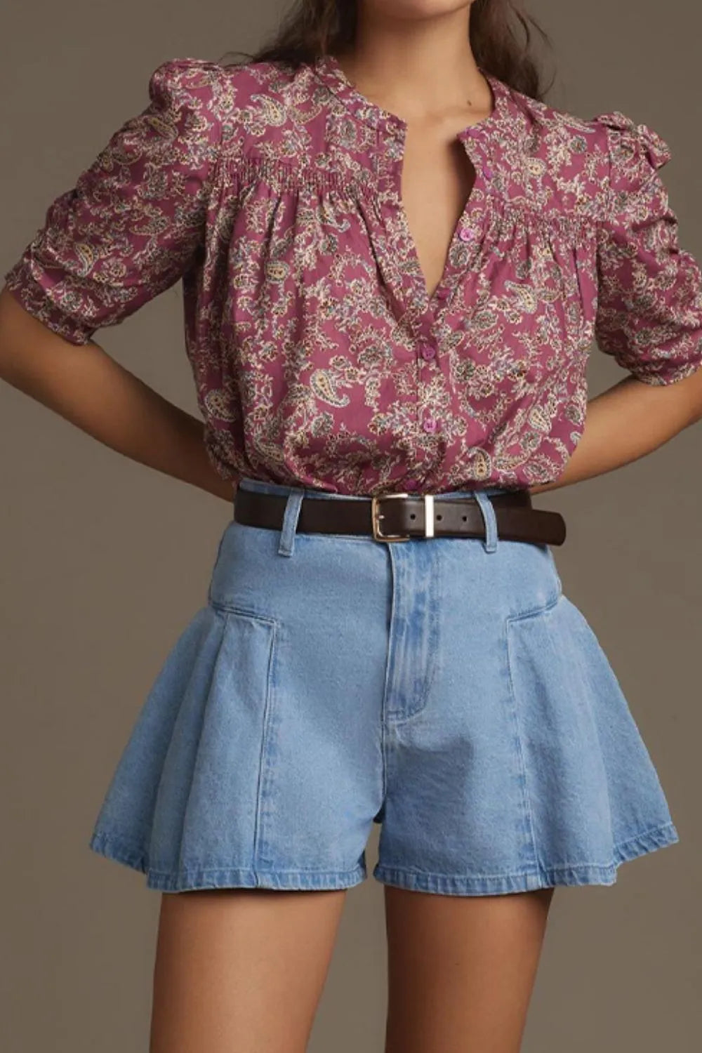 Pleated Patchwork Panel Lightweight Denim Shorts