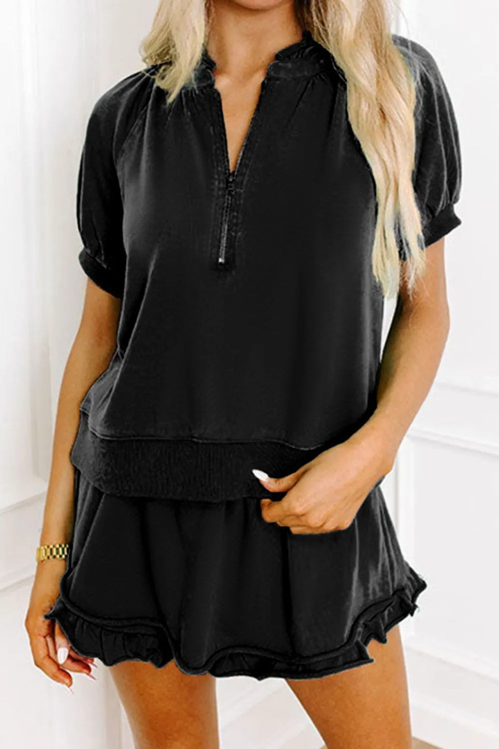 Frill Zip Front Puff Sleeve Top and Skort Set