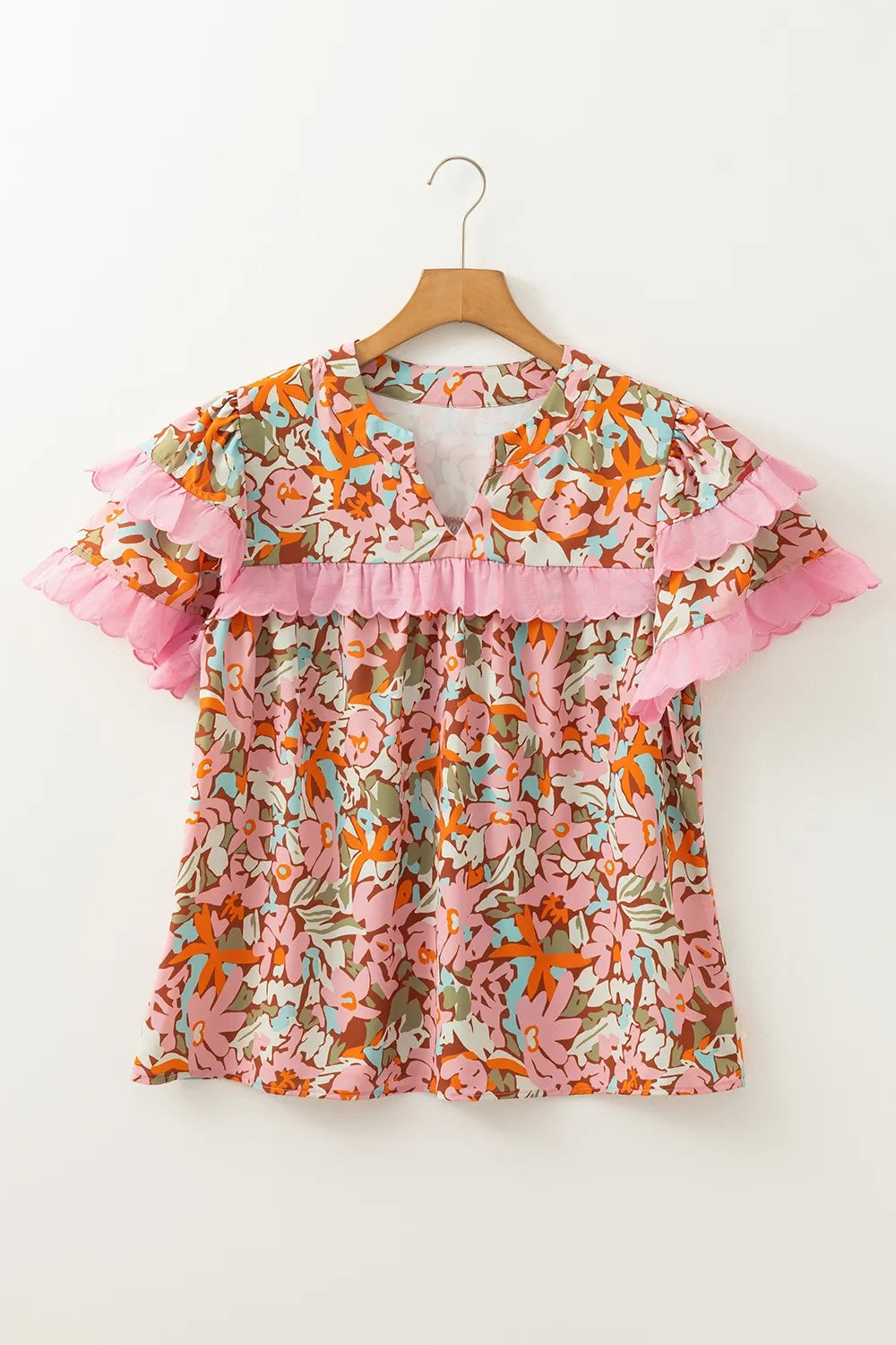 Multicolour Floral Tiered Ruffled Short Sleeve Blouse