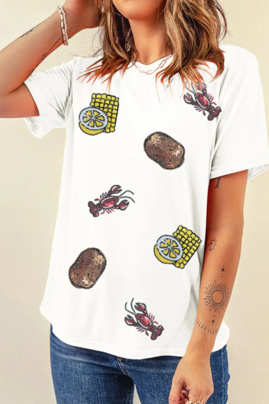 Sequin Crawfish Potato Round Neck Short Sleeve T-Shirt