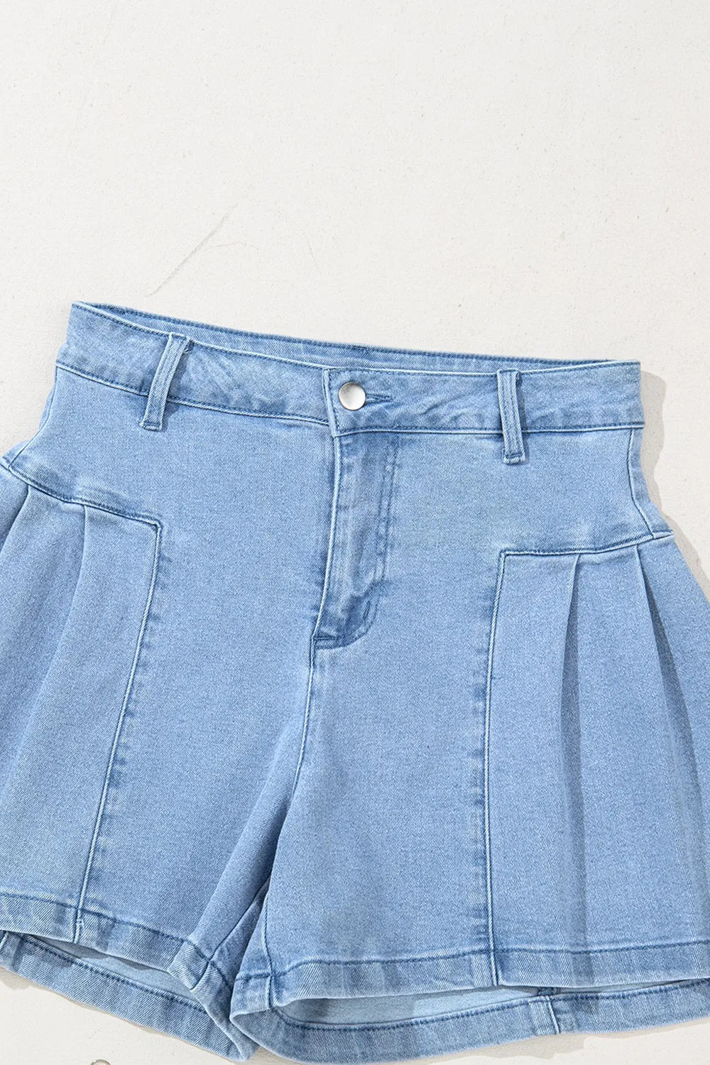 Pleated Patchwork Panel Lightweight Denim Shorts