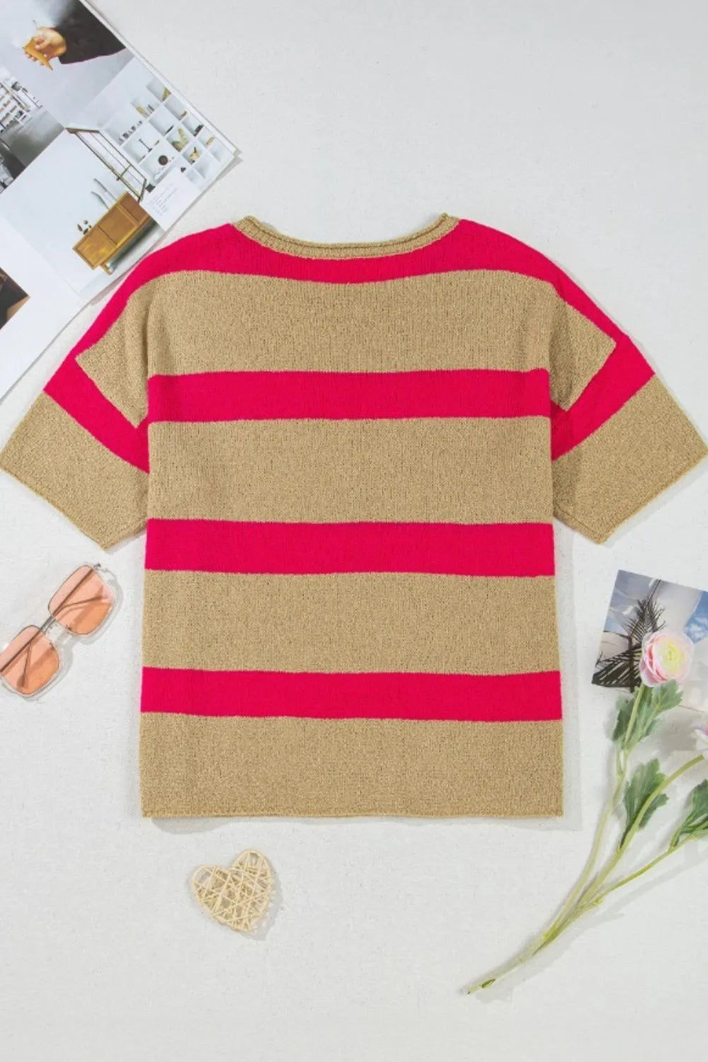 Contrast Striped Crew Neck Lightweight Knit Top