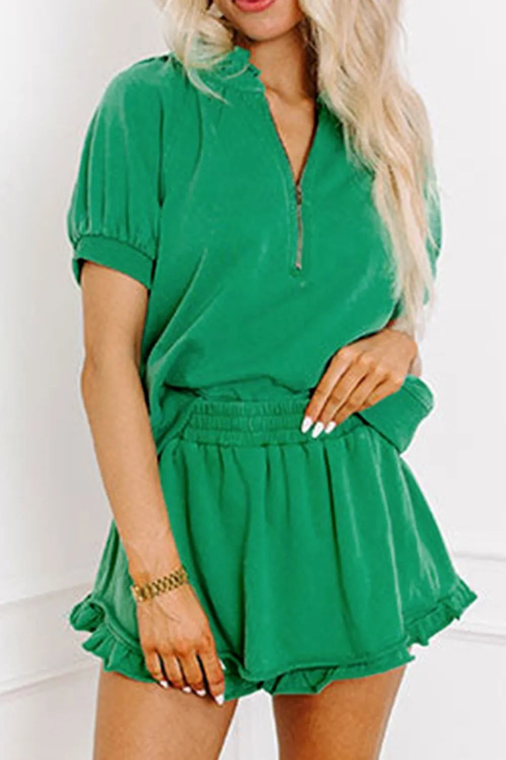 Frill Zip Front Puff Sleeve Top and Skort Set