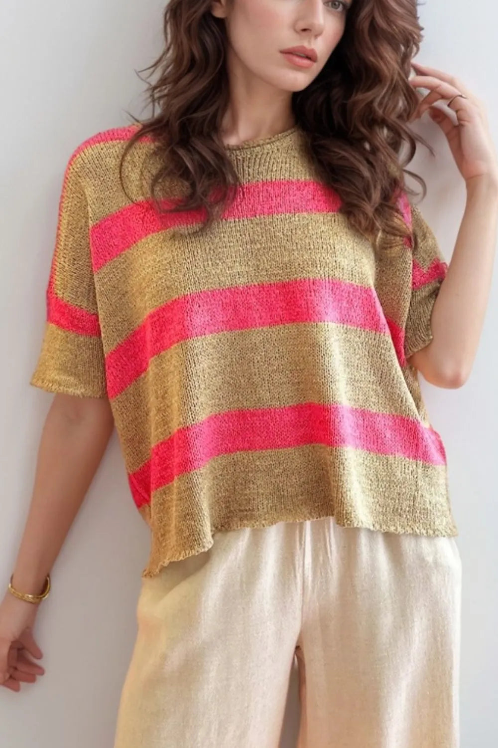 Contrast Striped Crew Neck Lightweight Knit Top