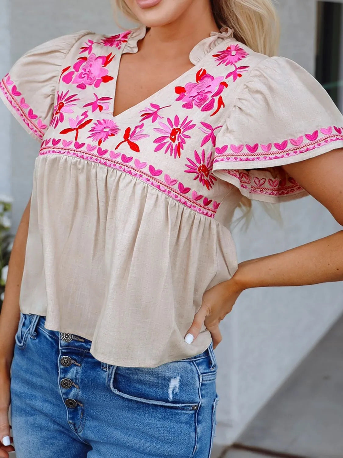 Floral Embroidered Short Sleeve Notched Blouse